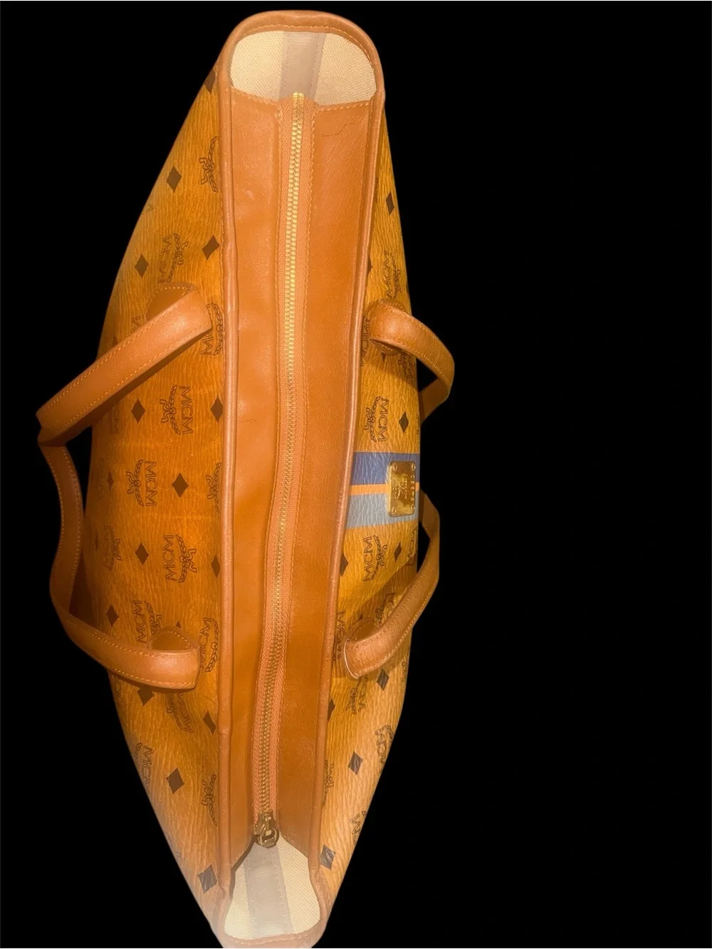 MCM Cognac Monogram Stripe Tote with Blue and Orange Center Stripe